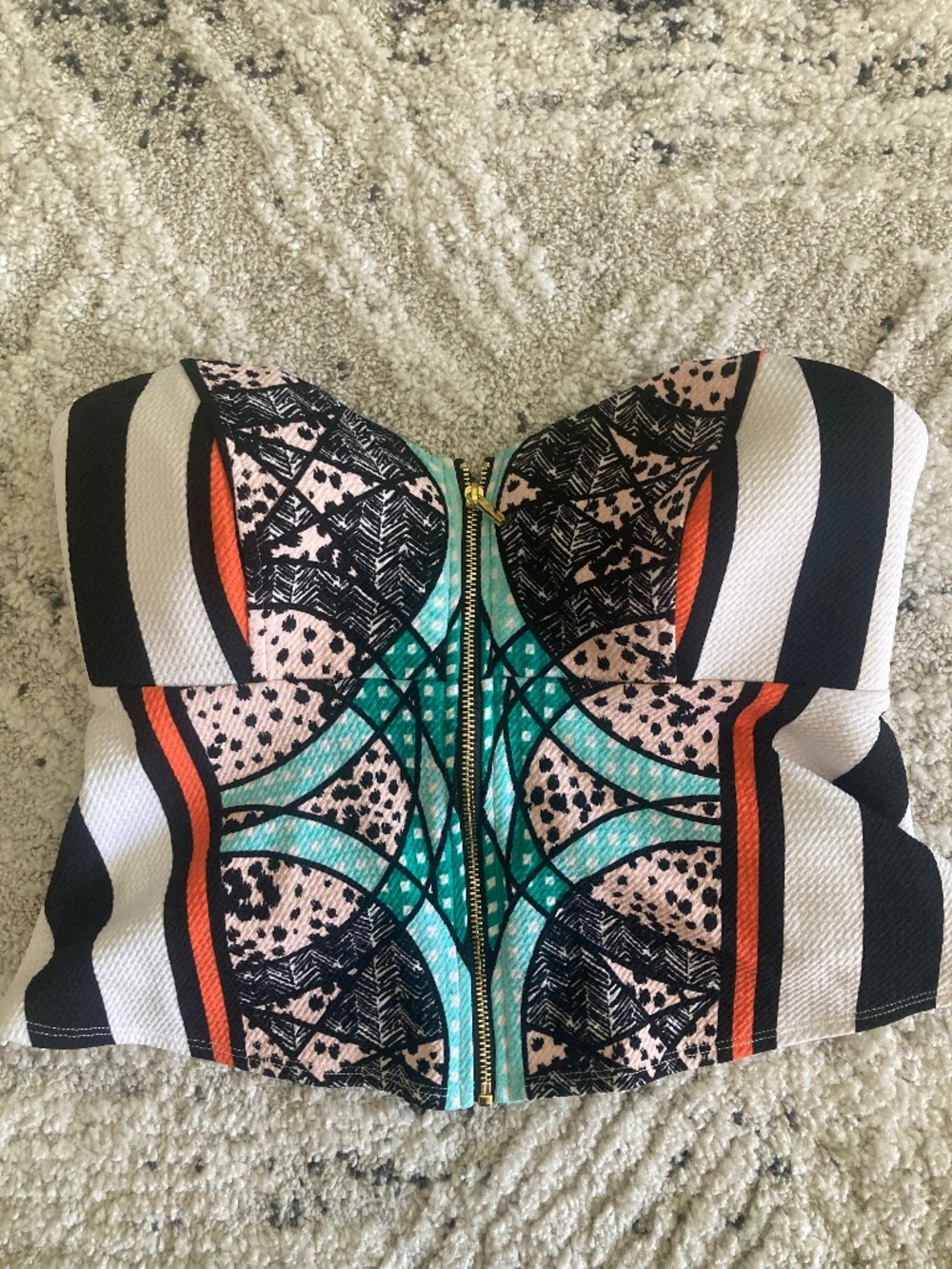 NWT Bebe black white green orange zipper corset bustier strapless cropped top m